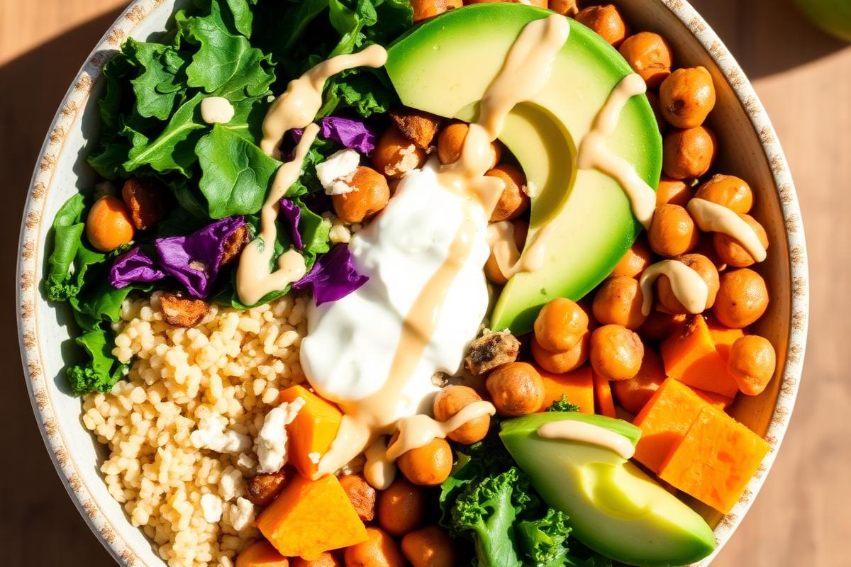 Colorful vegan buddha bowl with quinoa, roasted chickpeas, avocado, sweet potato and tahini dressing
