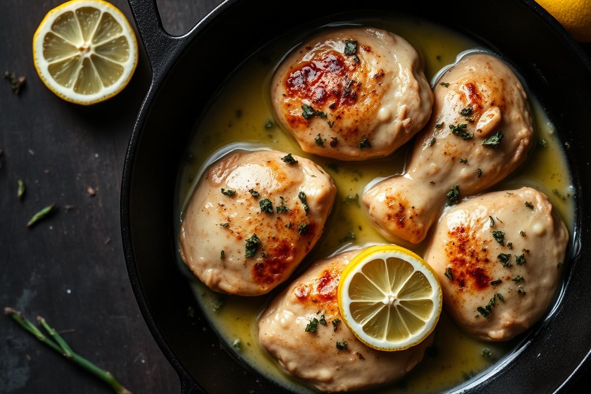 Creamy garlic butter chicken thighs in a cast iron skillet with herbs and lemon