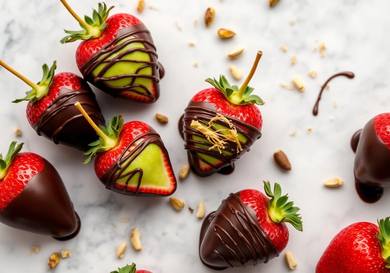 Viral Dubai chocolate strawberries filled with green pistachio cream and crispy kataifi, drizzled with dark chocolate on a marble surface