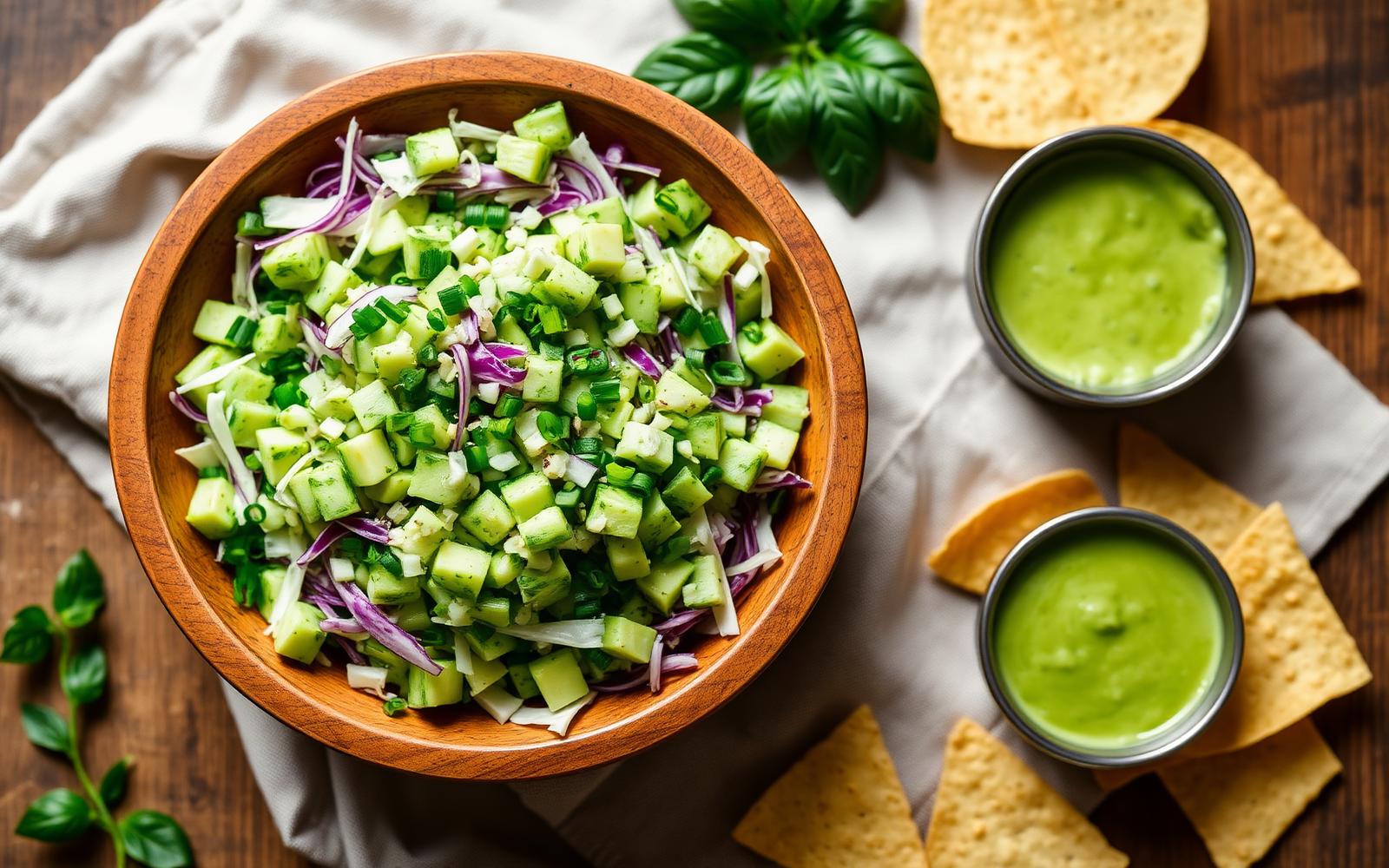 Bowl of finely chopped green goddess salad with cucumber, cabbage and creamy basil dressing served with tortilla chips