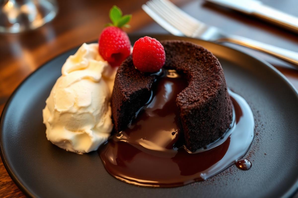 Molten chocolate lava cake oozing dark chocolate with vanilla ice cream and raspberry