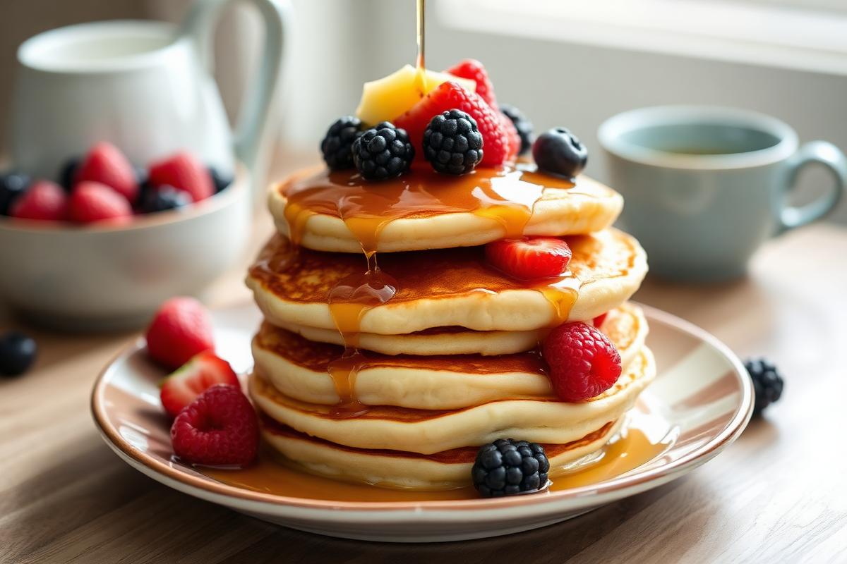 Stack of golden fluffy buttermilk pancakes topped with fresh berries and maple syrup